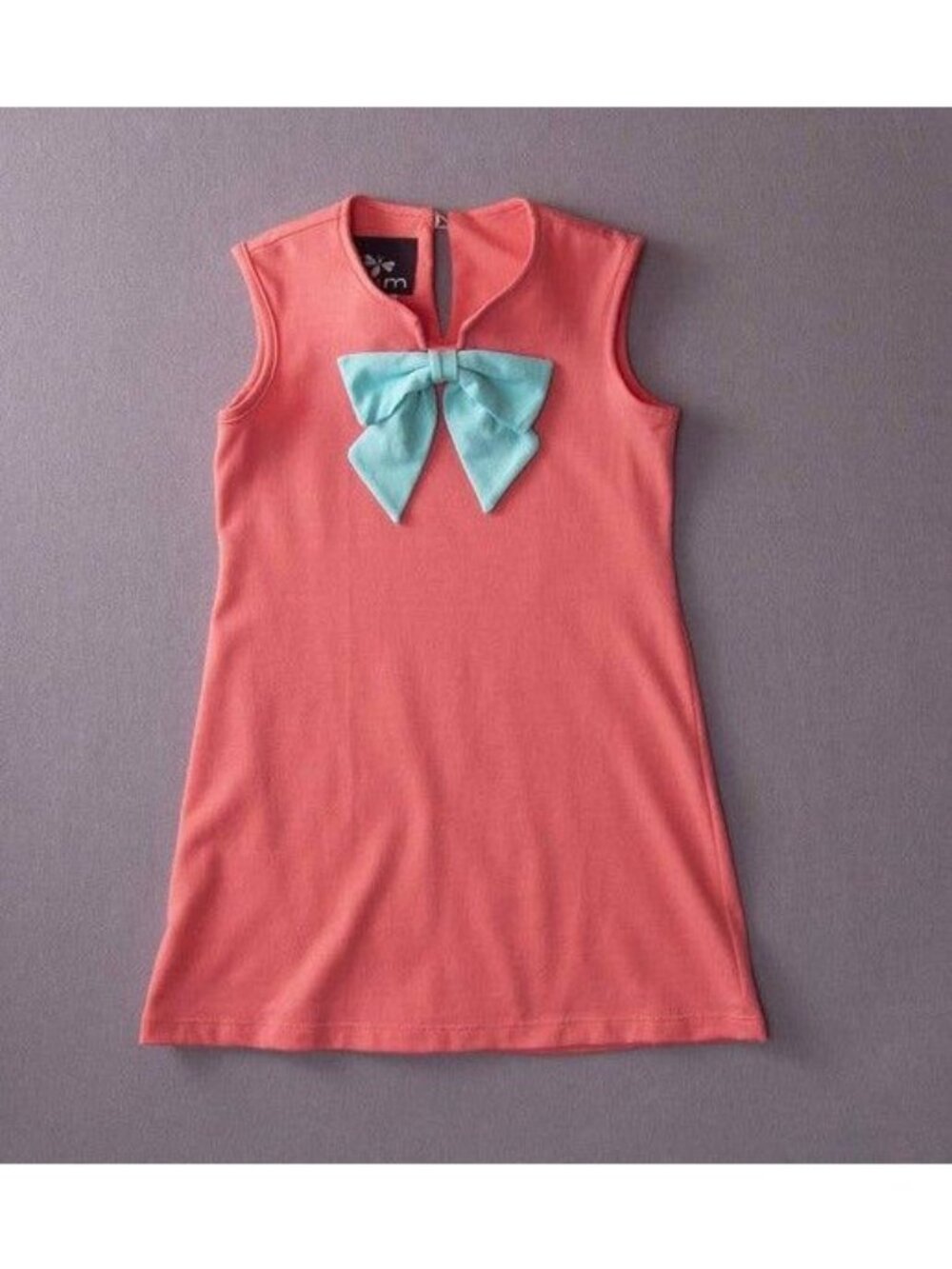 Sleeveless Coral Pink Dress With Blue Bow Accent - Size 6 - 95% Cotton Blend - M